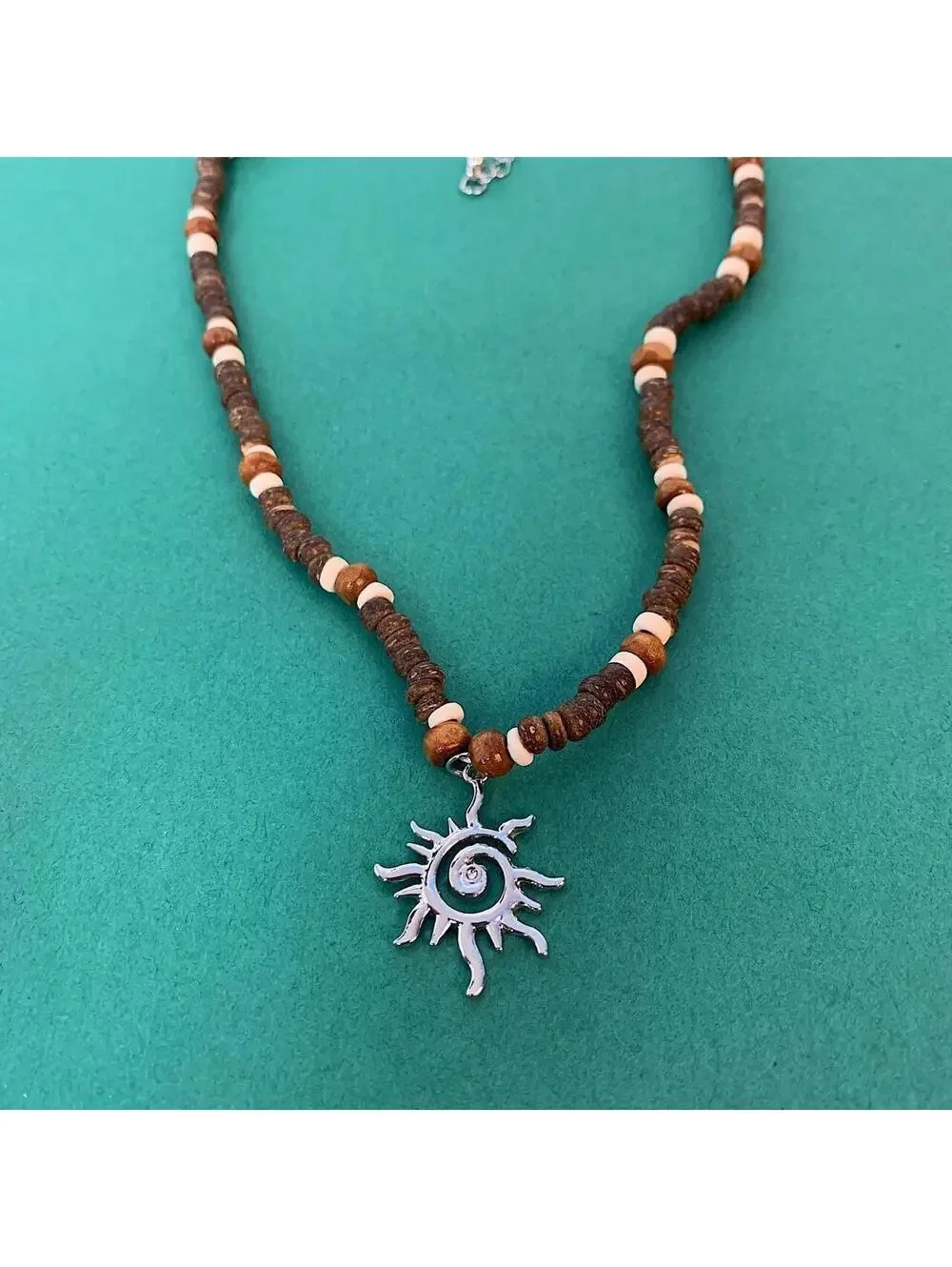 Y2k 2000s style Wood Beaded Necklace with Cyber Star Sun Pendant. Item is